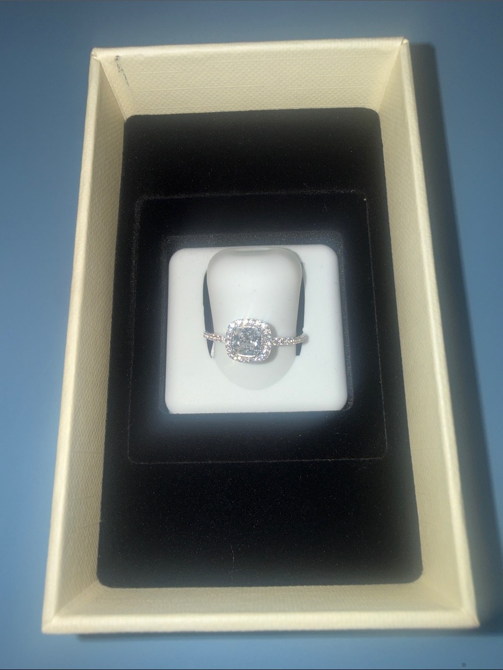 Classic Cushion Halo Silver Spinel Ring in White Gold Tone